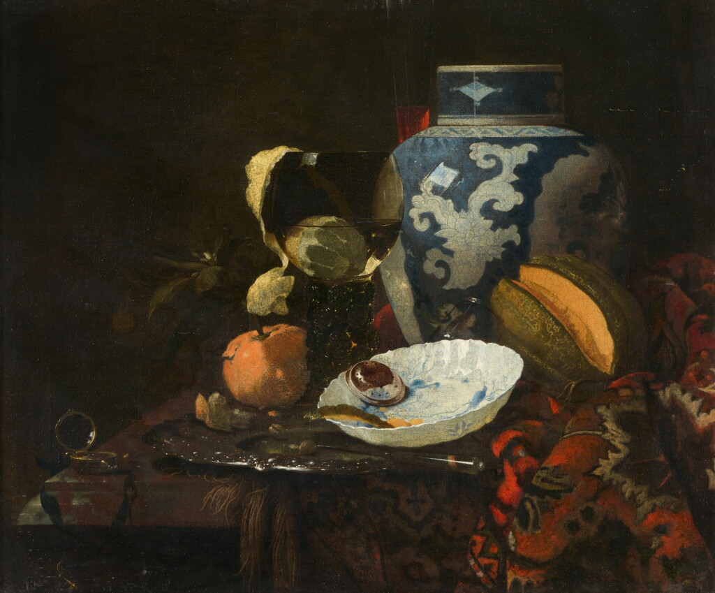 View full screen - View 1 of Lot 22. Still life with a Chinese ginger jar, a porcelain bowl, a glass roemer and other objects of vertu, with a half-peeled lemon, orange, and melon, all on a marble ledge draped with a Persian carpet 《靜物:大理石臺上的瓷薑罐、瓷盌、玻璃大酒杯與其他工藝品,半削皮檸檬、橙與蜜瓜,鋪波斯毯》.
