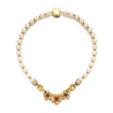 View full screen - View 1 of Lot 382. Cultured Pearl, Ruby, Sapphire and Diamond Necklace | 海瑞溫斯頓 | 養殖珍珠 及 紅寶石 配 藍寶石 及 鑽石 項鏈.