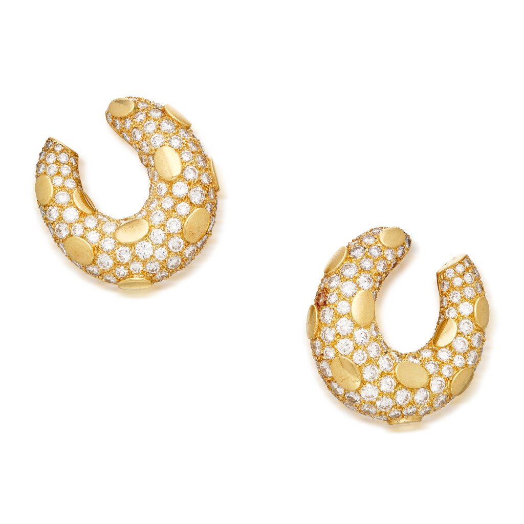 View full screen - View 1 of Lot 216. Pair of Gold and Diamond Earclips, France.