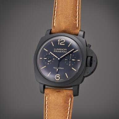 View full screen - View 1 of Lot 74. Reference PAM00396 Luminor 1950 Tourbillon GMT | A limited edition ceramic dual time tourbillon wristwatch with Day/Night and power reserve indication, Circa 2013.