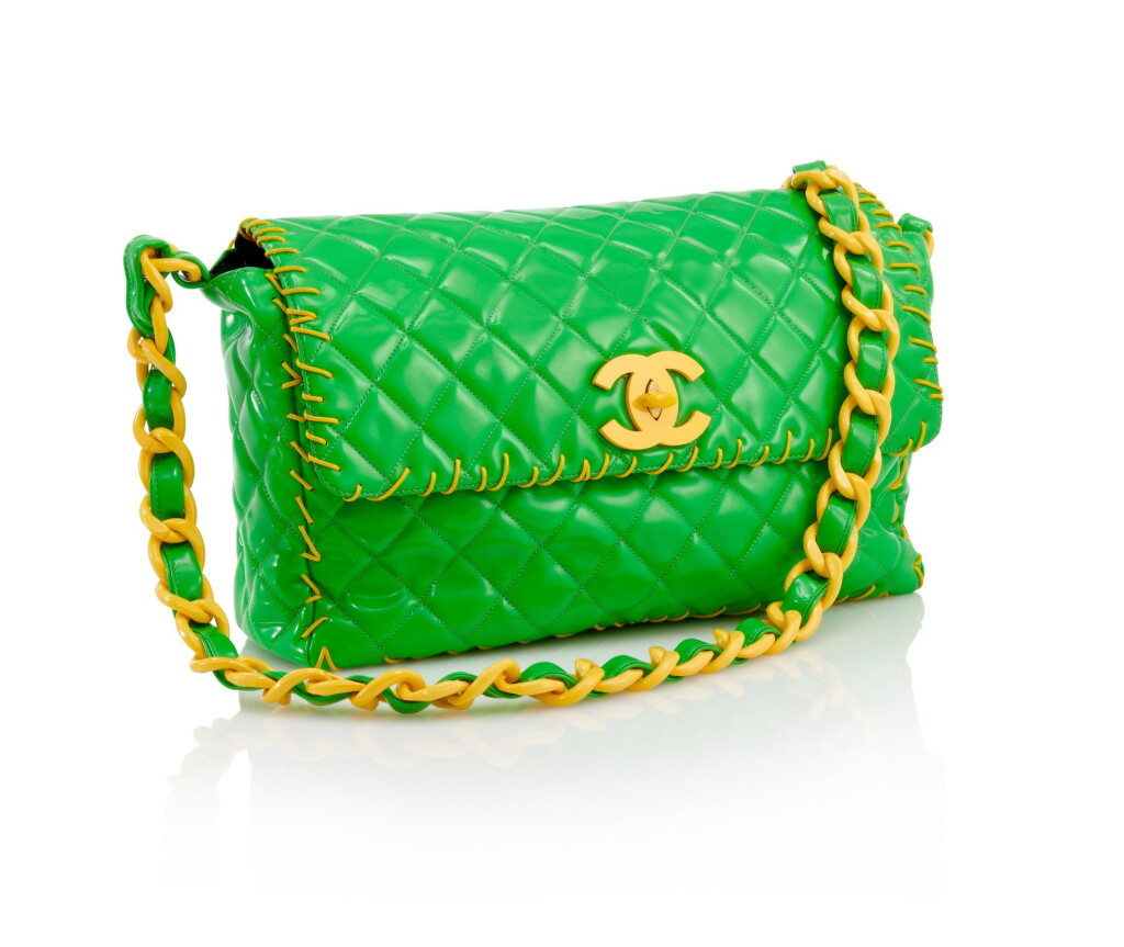 View full screen - View 1 of Lot 151. CHANEL | GREEN AND YELLOW VINYL CLASSIC SHOULDER BAG.
