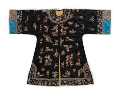 View full screen - View 1 of Lot 581. A black-ground silk embroidered 'hundred antiques' lady's robe, Late Qing dynasty.