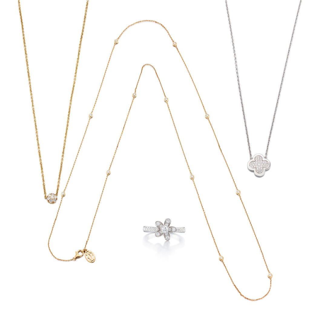 View full screen - View 1 of Lot 303. Group of Signed Diamond Jewellery | 梵克雅寶 | 卡地亞| 品牌鑽石珠寶一組.