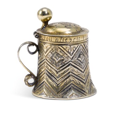 View full screen - View 1 of Lot 10. A miniature silver-gilt tankard, unmarked, probably Hungarian, circa 1621.