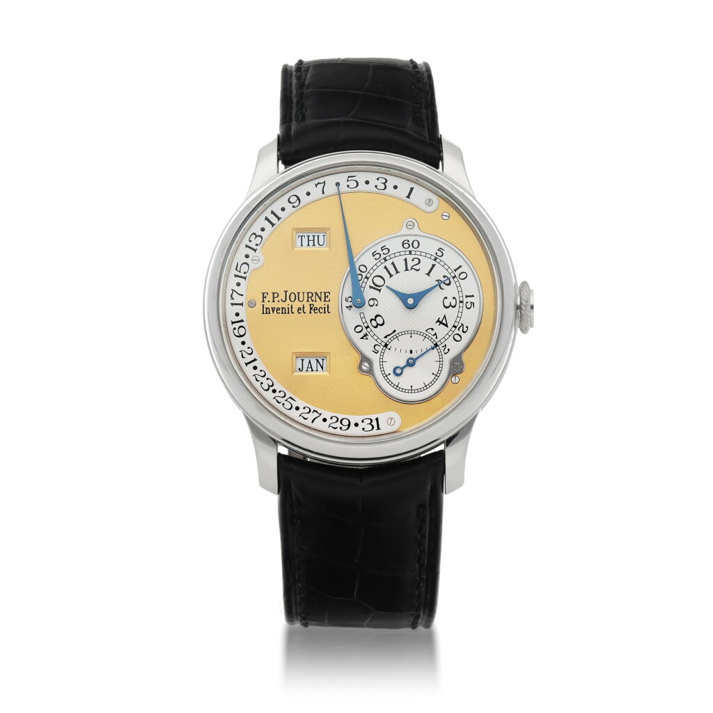 View full screen - View 1 of Lot 56. 'Brass Movement' Octa Calendrier Platinum annual calendar wristwatch with retrograde date, 5-day power reserve and brass movement Circa 2003 | F.P. Journe「'Brass Movement' Octa Calendrier」鉑金年曆腕錶備逆跳日期顯示、5日動力儲存及黃銅機芯,年份約2003.