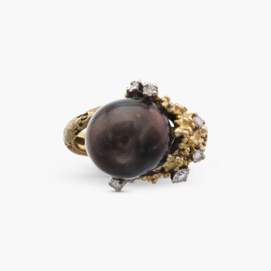 View full screen - View 1 of Lot 828. Gold, Cultured Pearl and Diamond Ring.