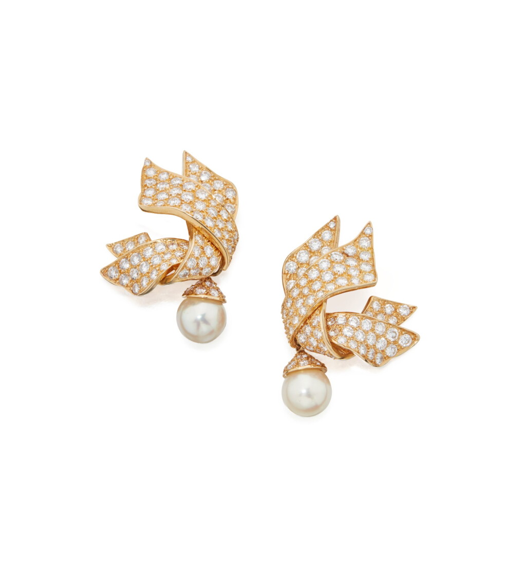 View full screen - View 1 of Lot 43. PAIR OF CULTURED PEARL AND DIAMOND EARCLIPS, CHANEL, FRANCE.
