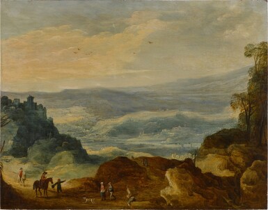 View full screen - View 1 of Lot 326. An extensive river landscape with peasants and horsemen in the foreground.