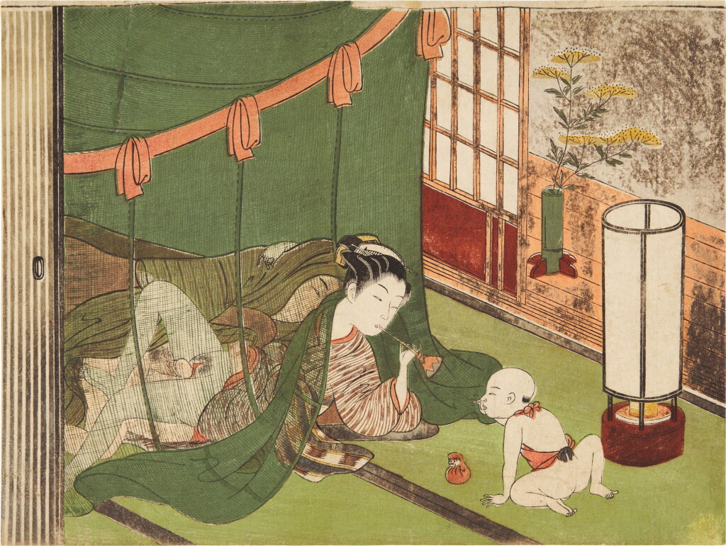 View full screen - View 1 of Lot 5. Suzuki Harunobu (1725-1770) | An amorous couple under a mosquito net (kaya) | Edo period, 18th century.