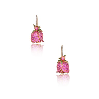 View full screen - View 1 of Lot 301. Pair of Pink Sapphire and Emerald 'Roselline' Earrings.