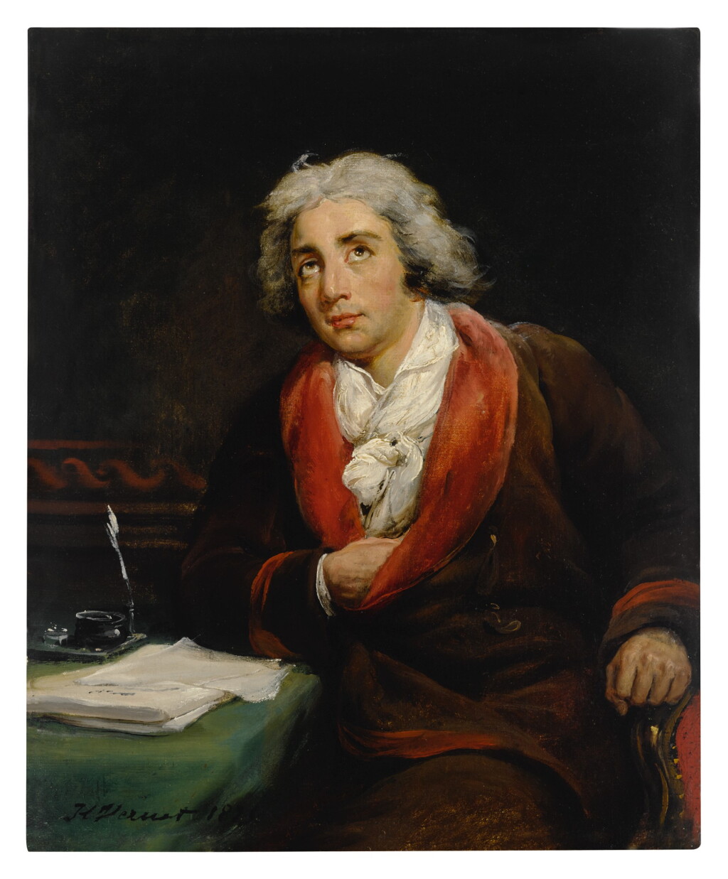 View full screen - View 1 of Lot 606. Portrait of the poet André Chénier (1762-1794), three-quarter length, seated at a table covered in a green cloth with papers and an inkwell, his hand tucked into his jacket.