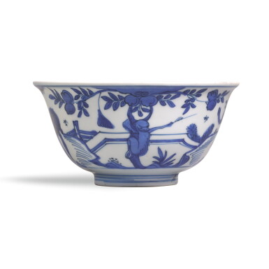 View full screen - View 1 of Lot 265. A BLUE AND WHITE BOWL, JIAJING MARK AND PERIOD | 明嘉靖 青花喜鹿蜂猴紋盌 《大明嘉靖年製》款.