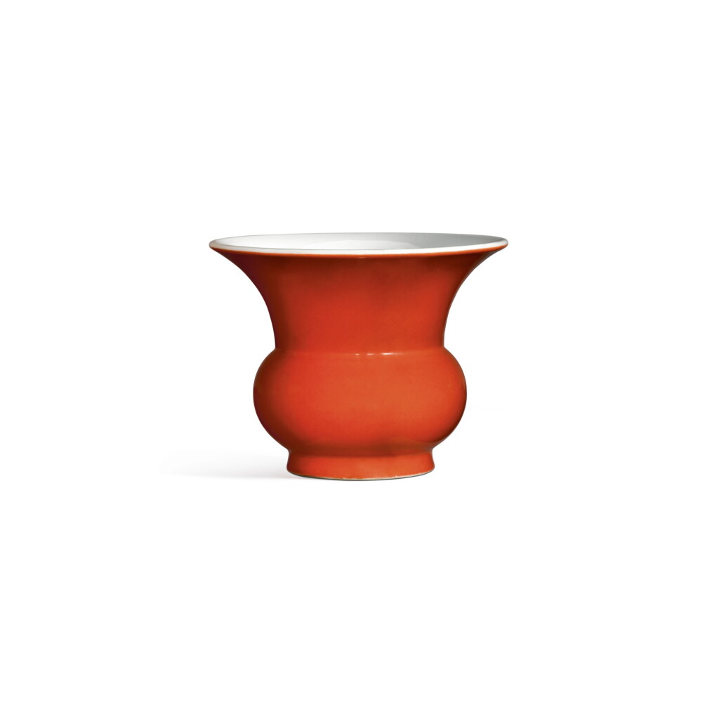 View full screen - View 1 of Lot 141. A rare coral-red-glazed zhadou, Seal mark and period of Qianlong | 清乾隆 珊瑚紅釉渣斗 《大清乾隆年製》款.