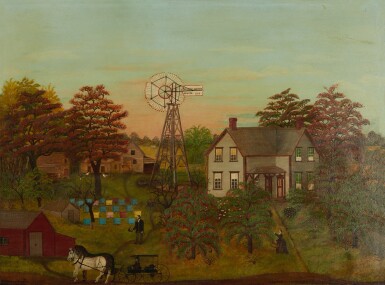 View full screen - View 1 of Lot 195. Farm Scene with Halladay Standard Windmill.