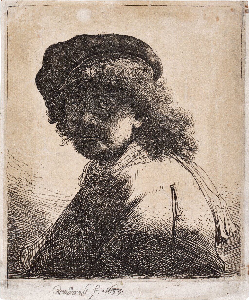 View full screen - View 1 of Lot 38. Self-Portrait in a Cap and Scarf with the Face Dark: Bust (Bartsch, Hollstein 17; New Hollstein 120; Hind 108).