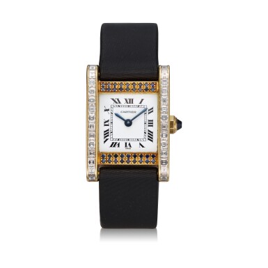View full screen - View 1 of Lot 305. A yellow gold, diamond and sapphire-set rectangular wristwatch, Circa 1985.