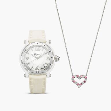 View full screen - View 1 of Lot 1337. Pink Sapphire and Diamond Pendent Necklace and Diamond and Ceramic 'Happy Sport' Wristwatch | 蒂芙尼 及 蕭邦 | 粉紅色剛玉 配 鑽石 項鏈 及 鑽石 配 陶瓷 'Happy Sport' 腕錶.