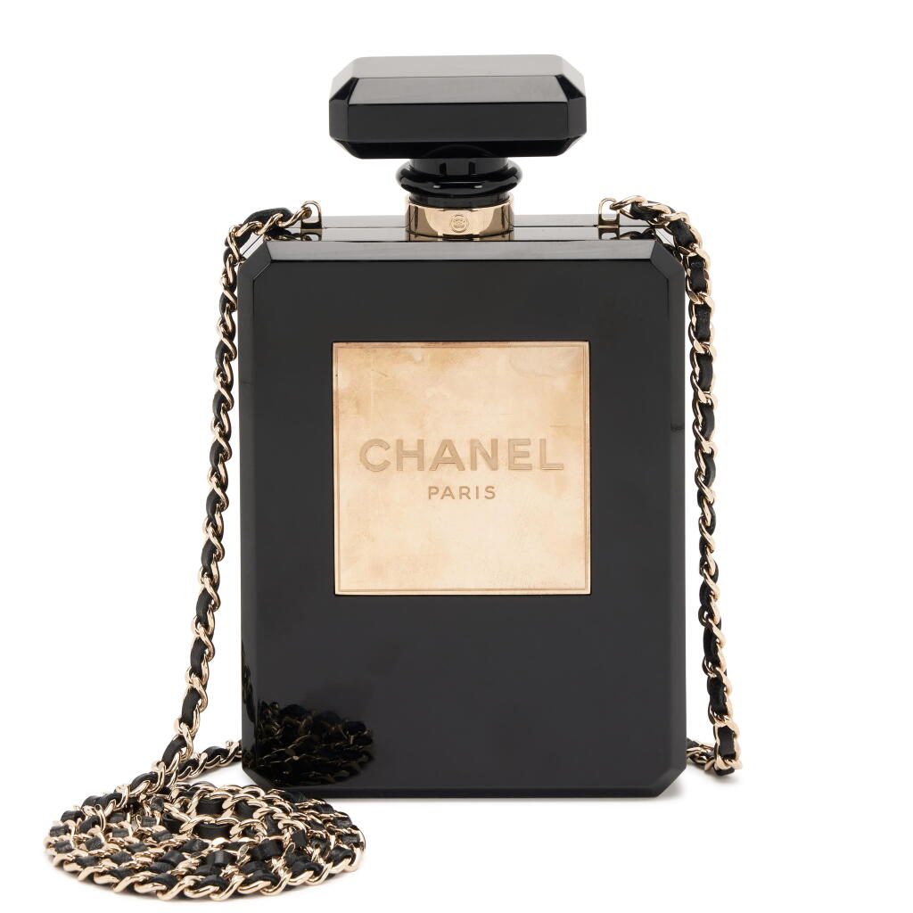 View full screen - View 1 of Lot 150. Black Acrylic and Gold Plexiglass No. 5 Perfume Bottle Minaudière Gold Hardware, 2013-2014.