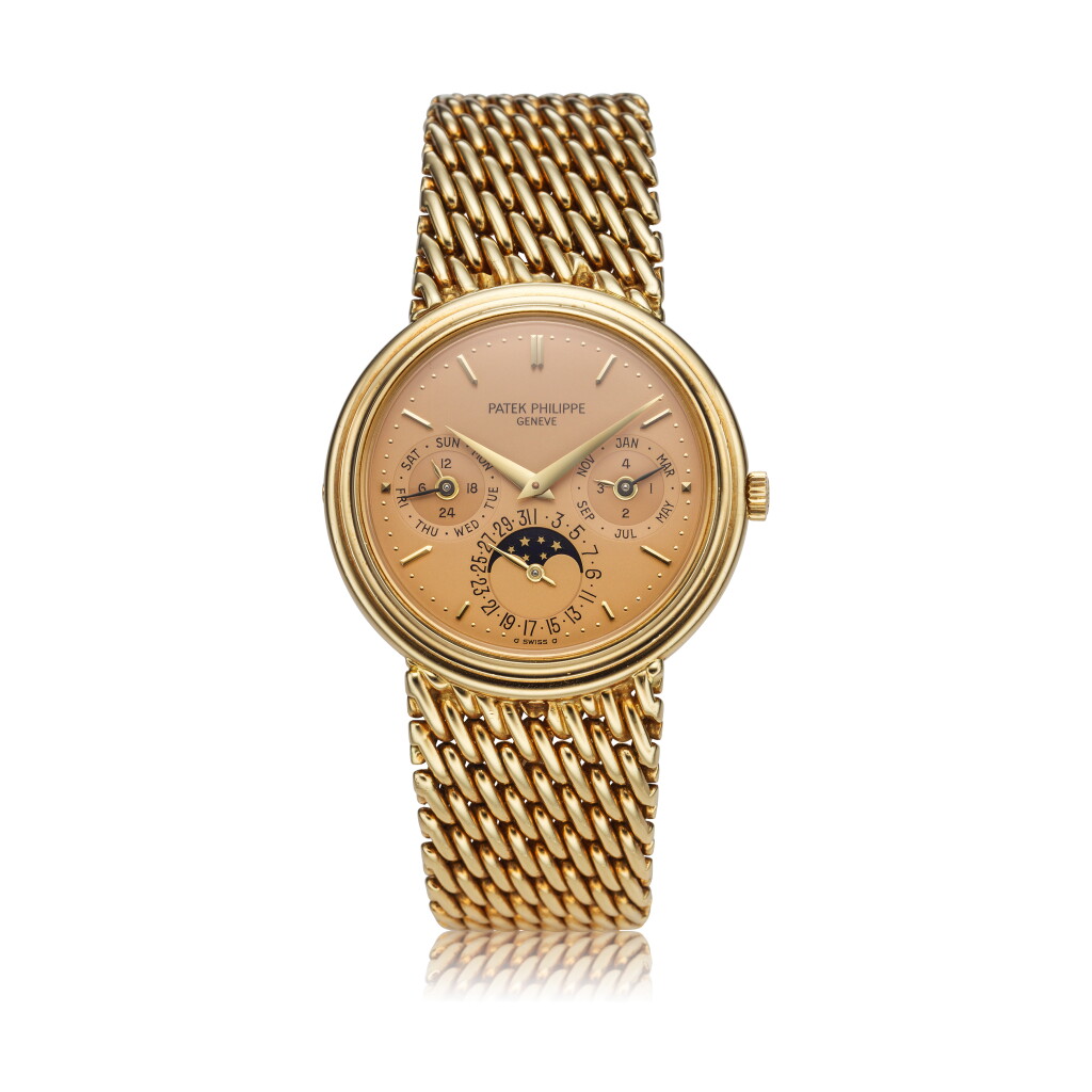 View full screen - View 1 of Lot 323. Reference 3945 A yellow gold automatic perpetual calendar bracelet watch with moon phases and 24-hour indication, Circa 1985.