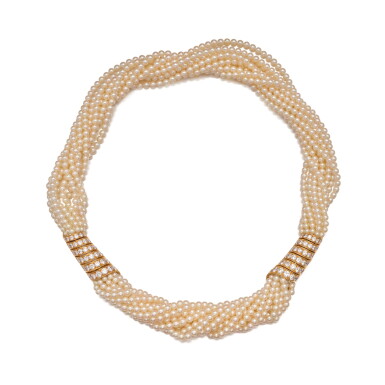 View full screen - View 1 of Lot 227. Gold, Cultured Seed Pearl and Diamond Necklace, France.