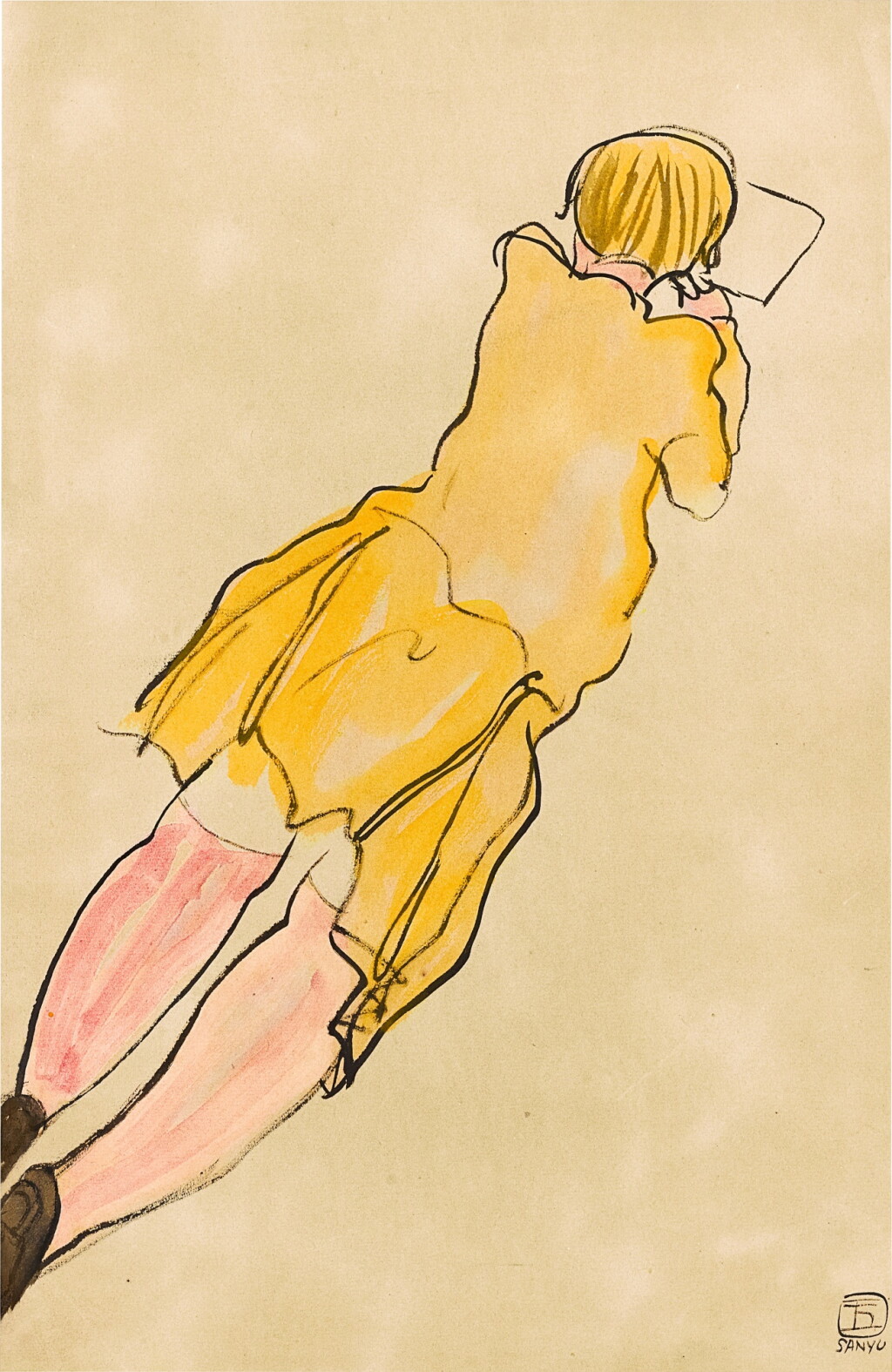 View full screen - View 1 of Lot 1011. Sanyu 常玉 | Femme à la robe jaune avec chaussettes roses 黃洋裝粉長襪女士.