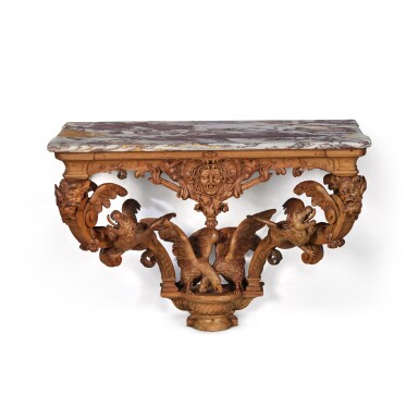 View full screen - View 1 of Lot 695. A French Régence Carved Limewood Console Table attributed to Jean-Bernard-Honoré Turreau, dit Toro (1672-1731), Circa 1720.