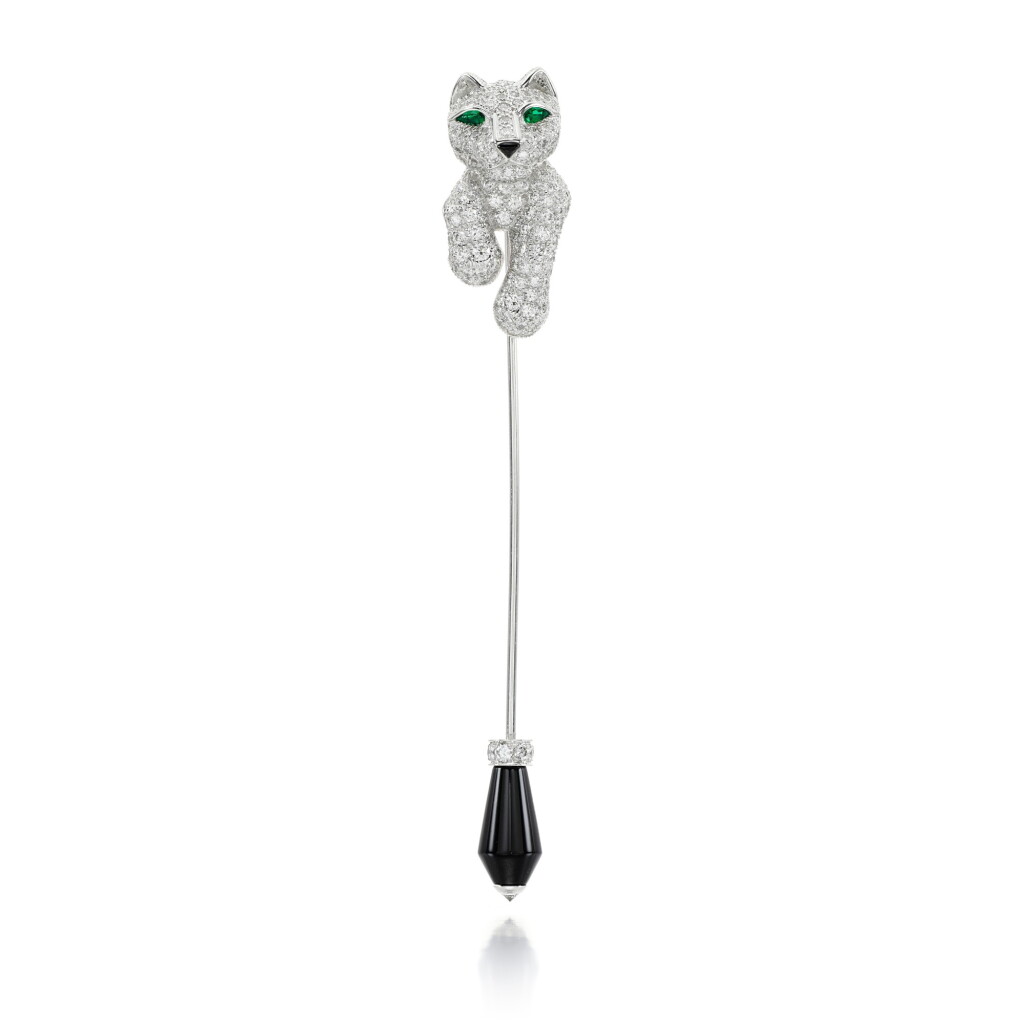 View full screen - View 1 of Lot 26. CARTIER | DIAMOND, ONYX AND EMERALD JABOT PIN, 'PANTHÈRE'.