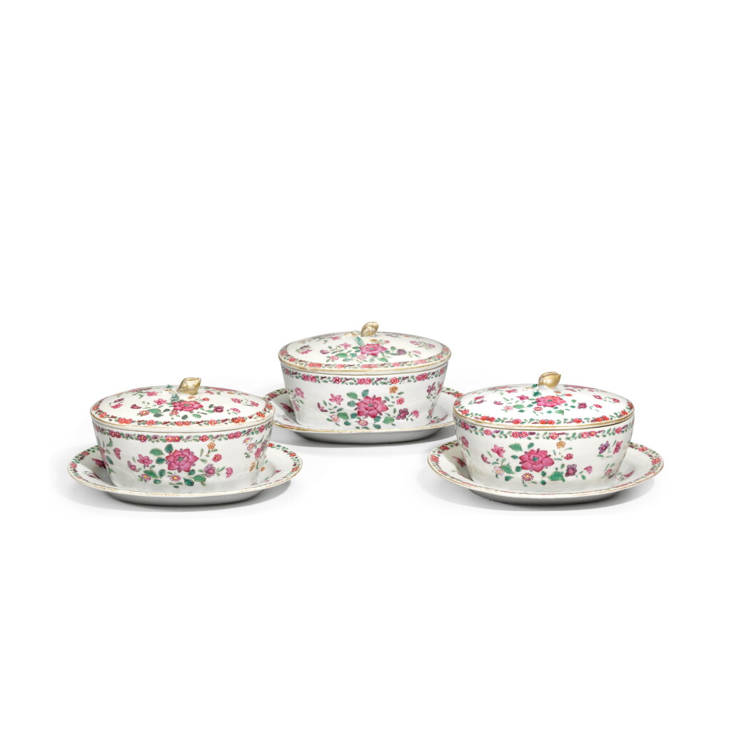 View full screen - View 1 of Lot 315. Three butter tubs, covers and stands, Qing dynasty, 18th century.