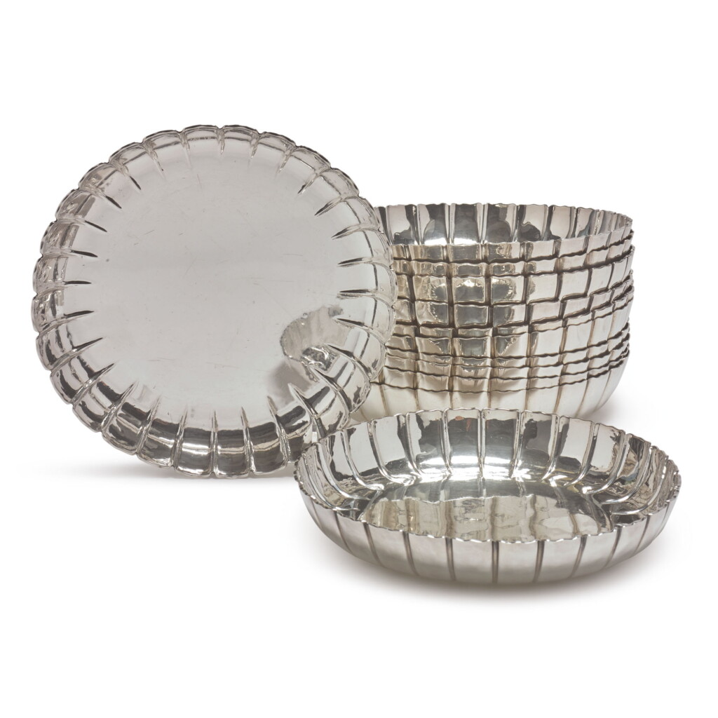 View full screen - View 1 of Lot 799. A SET OF SIX GEORGE V SILVER STRAWBERRY DISHES, CRICHTON BROTHERS, LONDON, 1930.