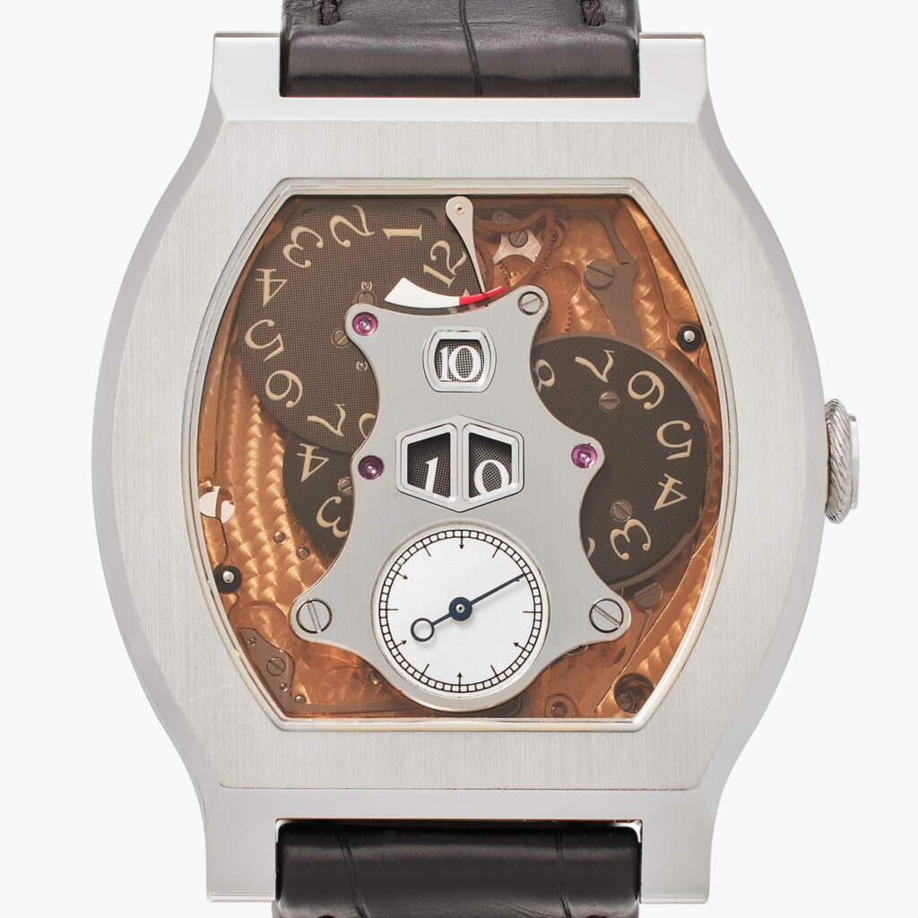 View full screen - View 1 of Lot 14. Vagabondage II Owned and Worn by Tom Brady | A limited edition platinum semi-skeletonized wristwatch with wandering minutes and hours display, and power reserve indication,Circa 2017.