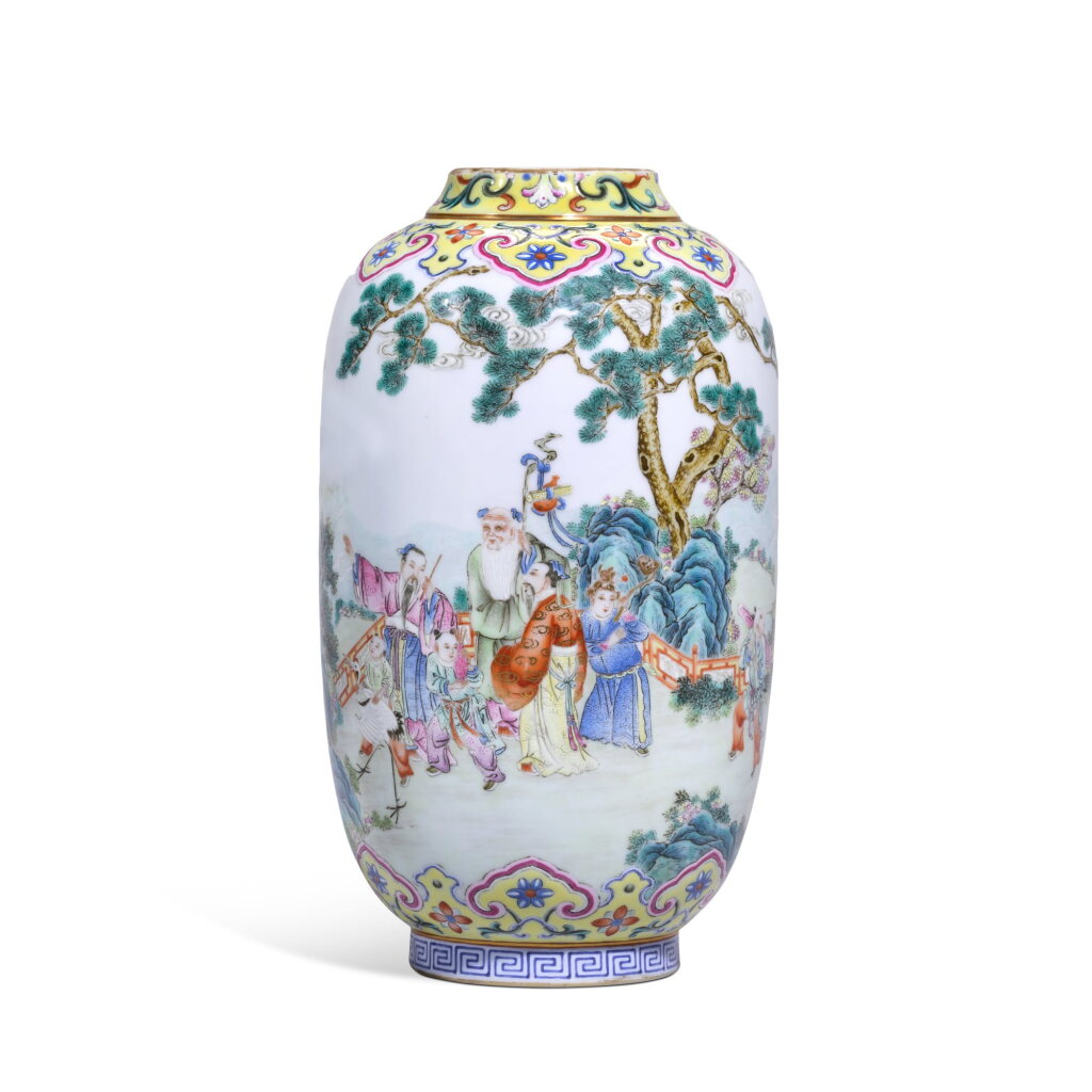 View full screen - View 1 of Lot 244. A yellow-ground famille-rose 'immortals' truncated vase, Seal mark and period of Jiaqing | 清嘉慶 黃地粉彩群仙祝壽圖瓶 《大清嘉慶年製》款.