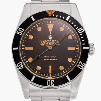 View full screen - View 1 of Lot 77. Reference 5508 'Small Crown' Submariner | A stainless steel automatic wristwatch with tropical gilt dial and bracelet, Circa 1958.