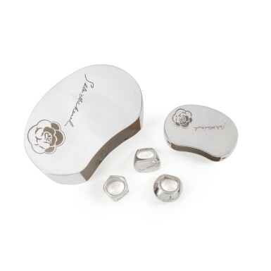 View full screen - View 1 of Lot 625. Frances Patiky Stein's Collection: Three Silver Rings and Two Silver Boxes, 2004.