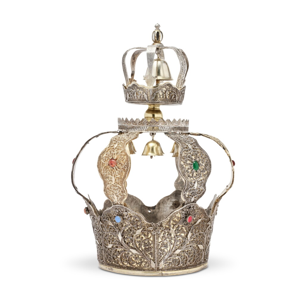 View full screen - View 1 of Lot 63. A Large Polish Parcel-Gilt Silver and Filigree Torah Crown, signed Dov Ber ben Leah, circa 1830.