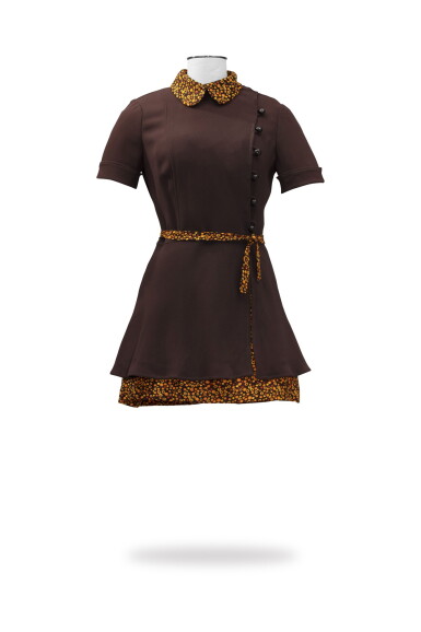 View full screen - View 1 of Lot 80. Balestra circa1970, Crepe tunic dress with printed muslin underdress, matching muslin belt | Robe tunique en crêpe avec sous-robe en mousseline, fine ceinture.