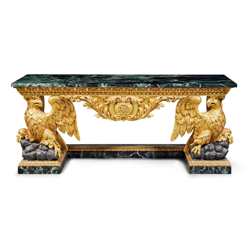 View full screen - View 1 of Lot 248. A George II Style Giltwood, Grey-Painted and Faux Marble Console, late 19th/early 20th Century, with Later Marble Top.