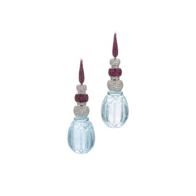 View full screen - View 1 of Lot 699. Pair of aquamarine, ruby and diamond earrings.