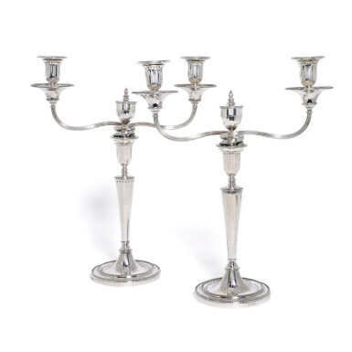 View full screen - View 1 of Lot 84. A pair of George III silver two-light candelabra, Wakelin & Tayler, London, 1783.