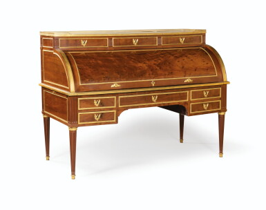 View full screen - View 1 of Lot 85. A LOUIS XVI MAHOGANY VENEERED BUREAU À CYLINDRE, STAMPED N. PETIT | BUREAU À CYLINDRE EN ACAJOU ET PLACAGE D'ACAJOU D'ÉPOQUE LOUIS XVI, ESTAMPILLÉ N. PETIT,.