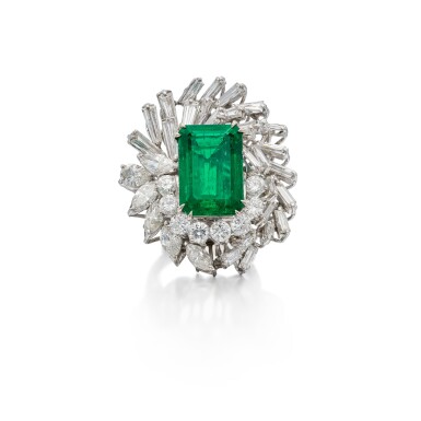 View full screen - View 1 of Lot 445. Emerald and Diamond Ring.