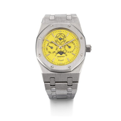View full screen - View 1 of Lot 201. AUDEMARS PIGUET | AN EXCEPTIONAL ROYAL OAK PERPETUAL CALENDAR, REFERENCE 25800BC WHITE GOLD PERPETUAL CALENDAR BRACELET WATCH WITH A BRIGHT YELLOW DIAL CIRCA 1996.