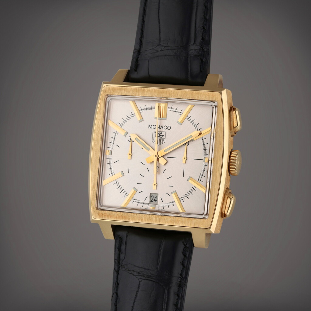 View full screen - View 1 of Lot 110. Reference CW5140 Monaco | A yellow gold automatic rectangular chronograph wristwatch with date, Circa 2005.