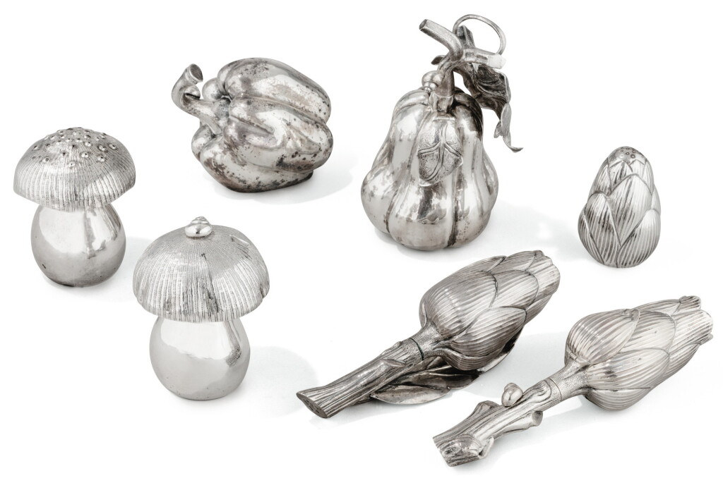 View full screen - View 1 of Lot 108. A GROUP OF 7 ITALIAN SILVER SALT-CELLARS AND PEPPER MILLS SHAPED AS VEGETABLES, MISSAGLIA, VENICE, MODERN | ENSEMBLE DE 7 SALIÈRES ET MOULINS À POIVRE EN ARGENT EN FORME DE LÉGUMES PAR MISSAGLIA, VENISE, MODERNE.