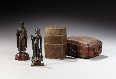 View full screen - View 1 of Lot 75. Two bronze standing figures of Buddha and Avalokiteshvara, Probably Tang dynasty and a bamboo cane box, Japan, probably Edo period, 19th century | 或唐 銅佛及觀音菩薩立像 及 日本 或江戶時代 十九世紀 竹蓋盒 一組三件.