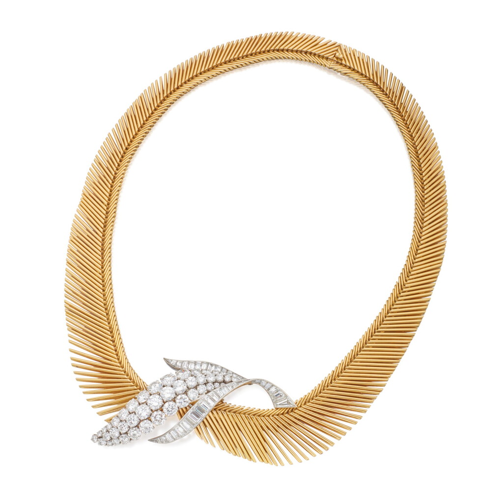 View full screen - View 1 of Lot 66. Van Cleef & Arpels | Gold and Diamond 'Cheveux d'Ange' Necklace and Brooch, France.