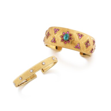 View full screen - View 1 of Lot 145. Deux bracelets manchette diamants et pierres de couleur | Two diamond and gem-set cuff-bracelets.