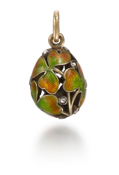 View full screen - View 1 of Lot 4. A Fabergé jewelled gold and guilloché enamel 'Clover Leaf' egg pendant, Moscow, 1899-1914.