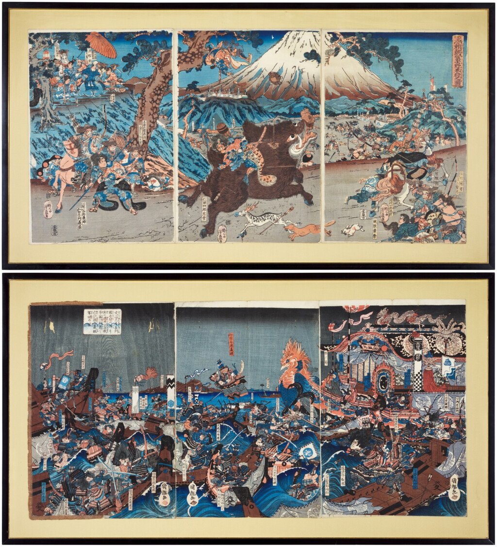 View full screen - View 1 of Lot 71. Utagawa Yoshifuji (1828-1889) Utagawa Kuniteru (active circa 1818-1860) | Two woodblock print triptychs | Edo period, 19th century.