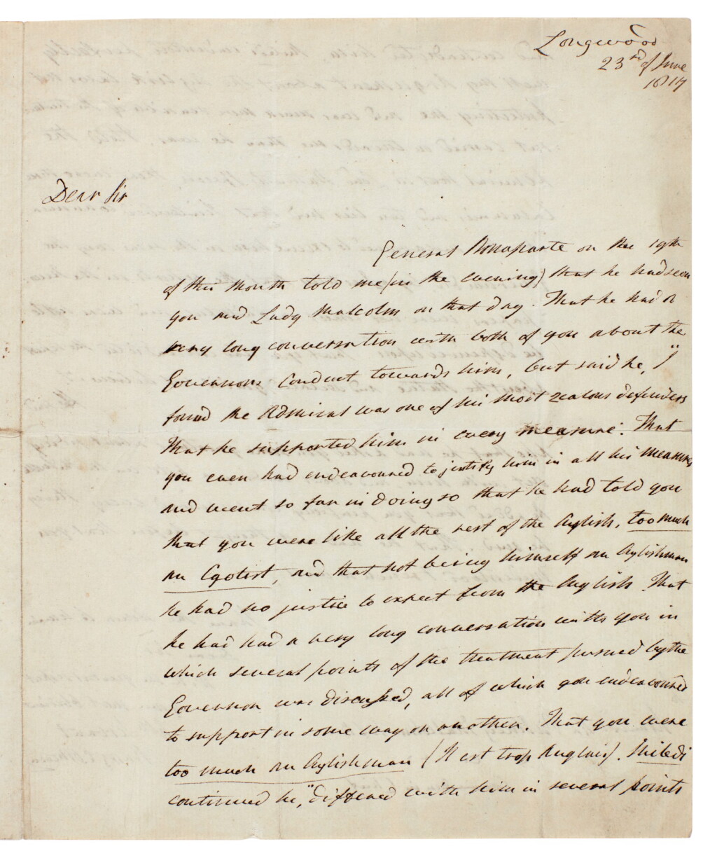 View full screen - View 1 of Lot 115. Napoleon--Dr Barry O'Meara | Autograph letter signed, reporting Napoleon's conversation, to Sir Pulteney Malcolm, 1817.