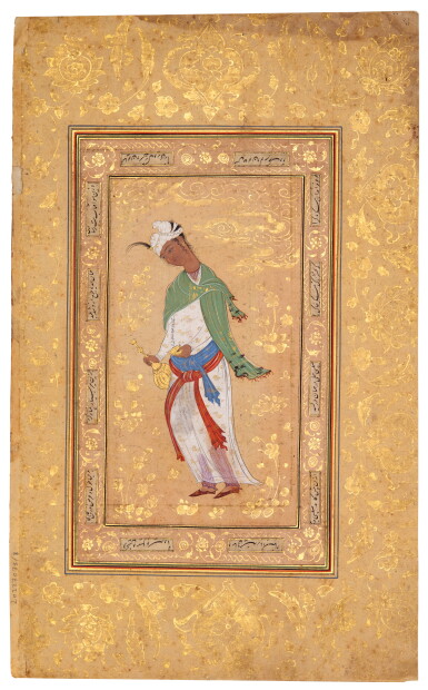 View full screen - View 1 of Lot 43. A youth in a white robe holding a wine flask and cup, Persia, Isfahan, Safavid, circa 1600-10, on a double-sided album leaf with calligraphy on the reverse by the Persian master Malik al-Daylami, Persia, mid-16th century.
